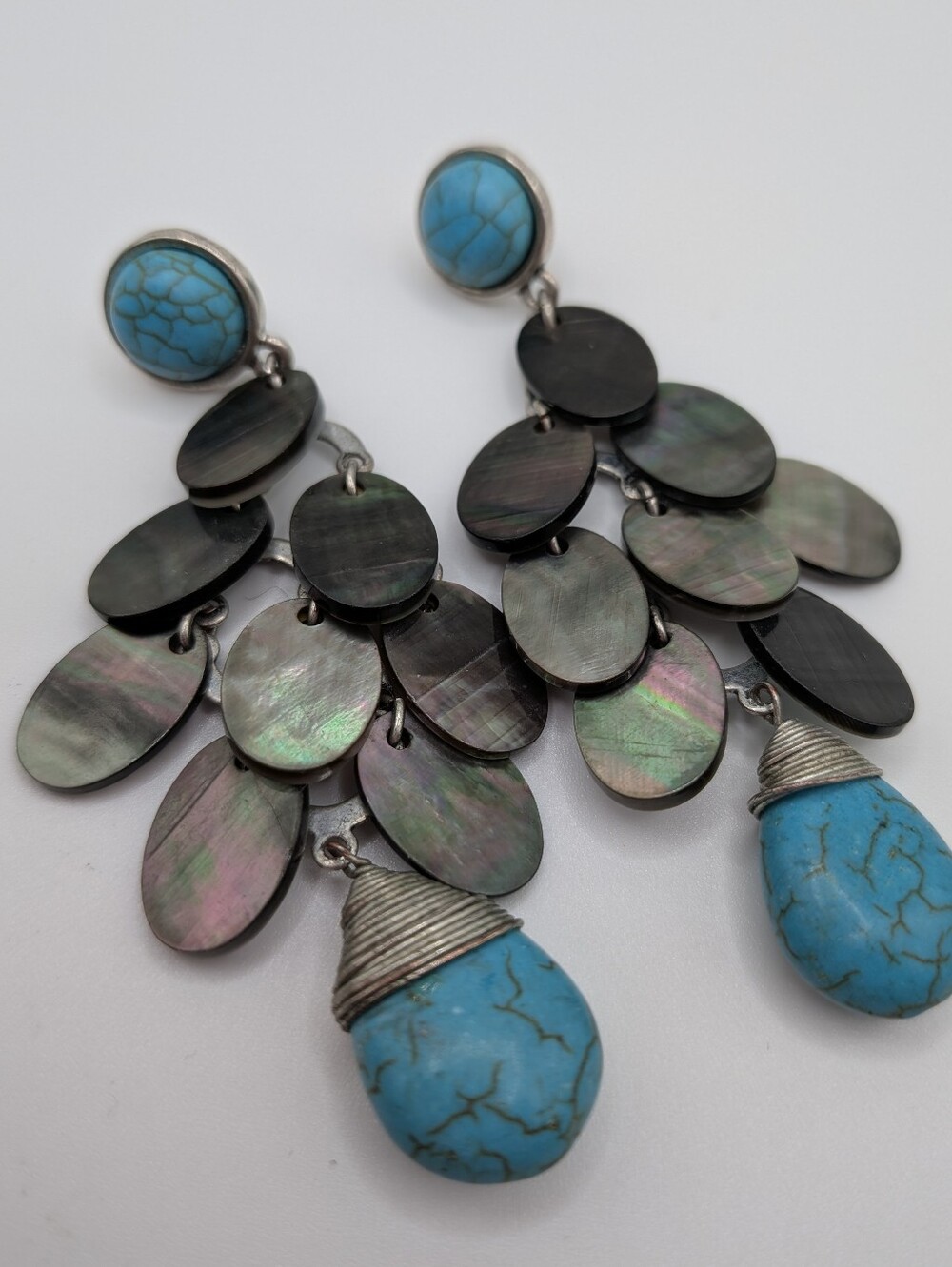 Blue Stone and Abalone Dangle Earrings